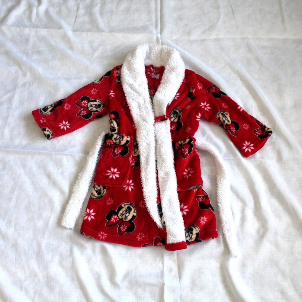 Girls Minnie Mouse Red Plush Bath Robe Size 4 Warm With White Tie Belt & Pockets